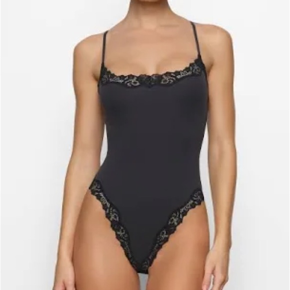 SKIMS Black Lace Trim Bodysuit